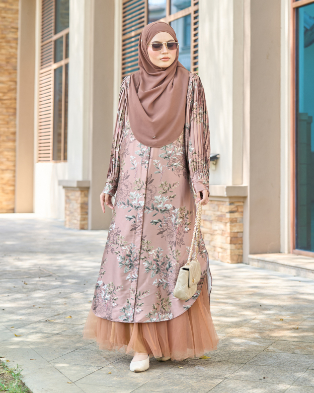 Medi Dress Satin Pleated Lyca Baloon Sleeve – Primrose Brown