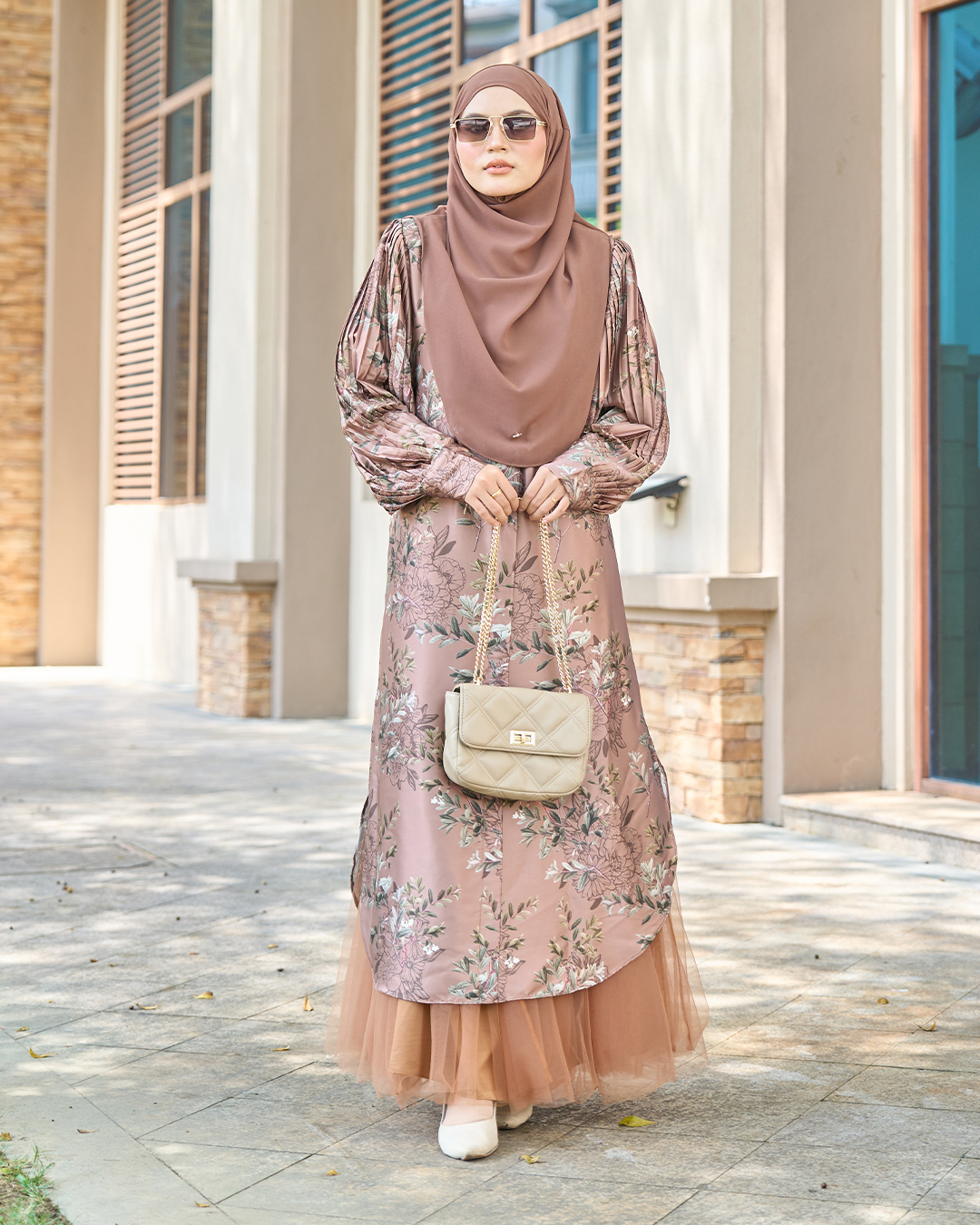 Medi Dress Satin Pleated Lyca Baloon Sleeve – Primrose Brown