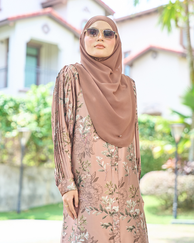 Medi Dress Satin Pleated Lyca Baloon Sleeve – Primrose Brown