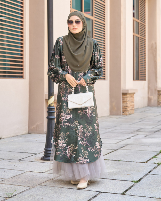 Medi Dress Satin Pleated Lyca Baloon Sleeve – Primrose Emerald Green