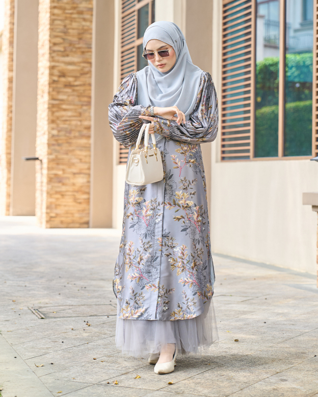 Medi Dress Satin Pleated Lyca Baloon Sleeve – Primrose Grey