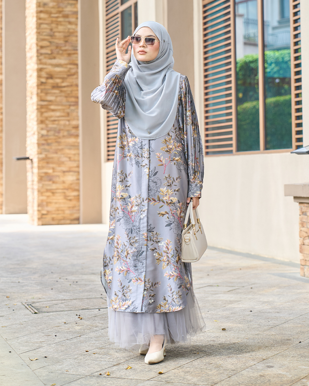 Medi Dress Satin Pleated Lyca Baloon Sleeve – Primrose Grey