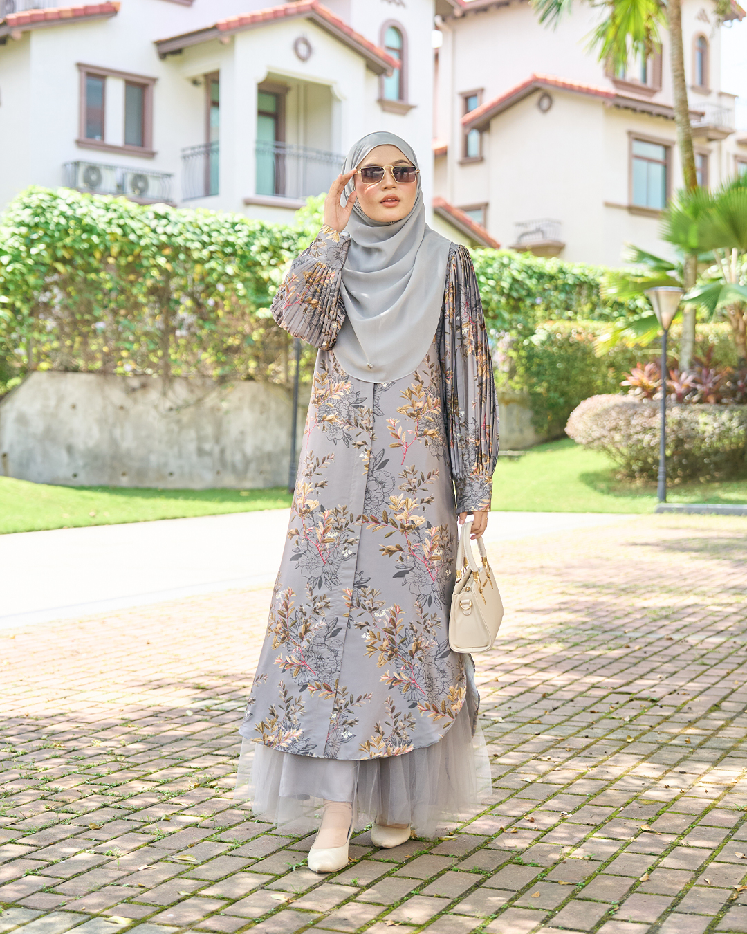 Medi Dress Satin Pleated Lyca Baloon Sleeve – Primrose Grey