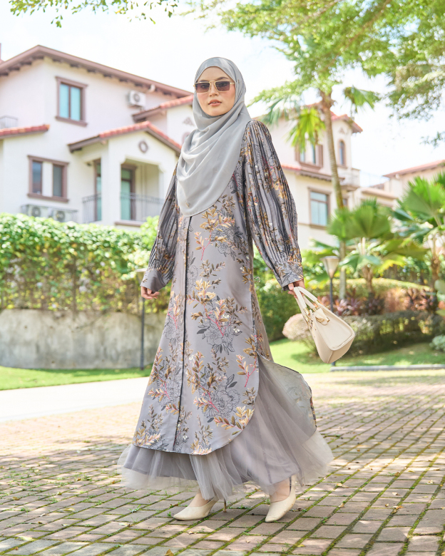 Medi Dress Satin Pleated Lyca Baloon Sleeve – Primrose Grey