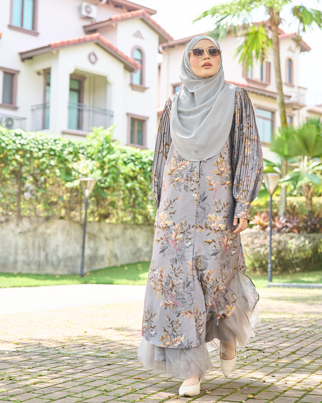 Medi Dress Satin Pleated Lyca Baloon Sleeve – Primrose Grey
