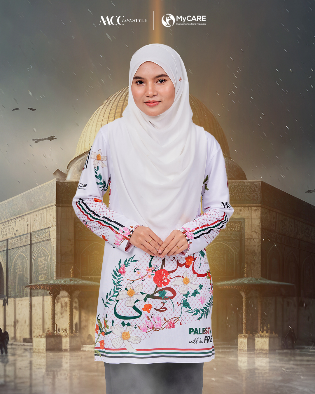 Muslimah Jersey MCC Lifestyle X MyCare - Palestine Khat White