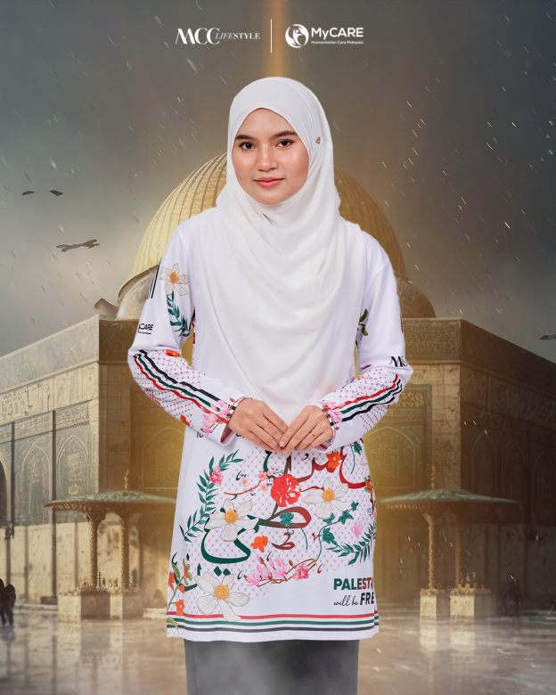 Muslimah Jersey MCC Lifestyle X MyCare - Palestine Khat White