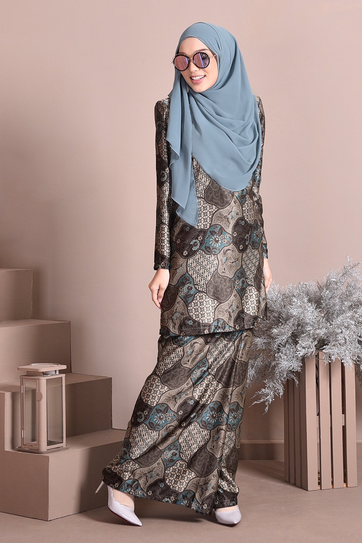Baju Kurung Batik Satin Silk Nasiha - Aqua Green