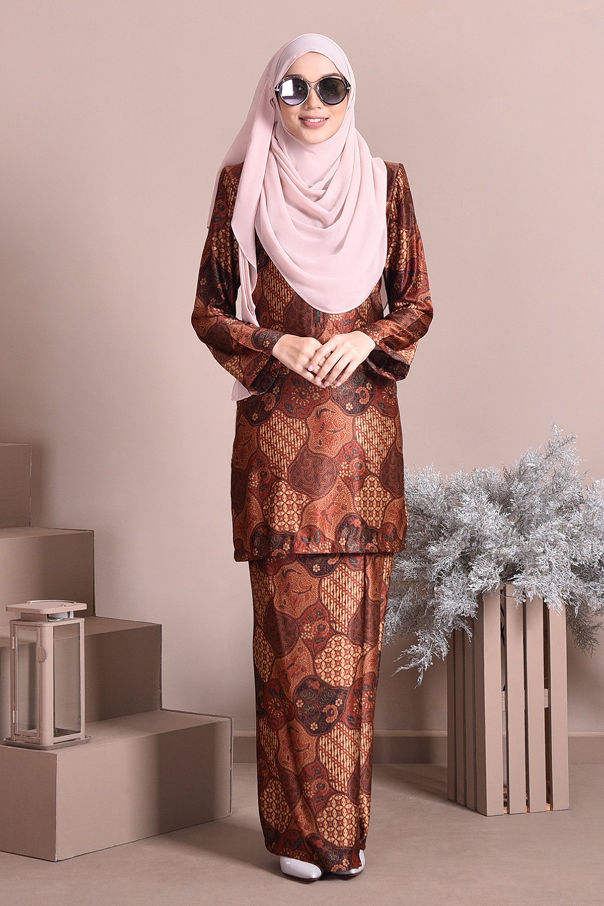 Baju Kurung Batik Satin Silk Nasiha - Spice Brown