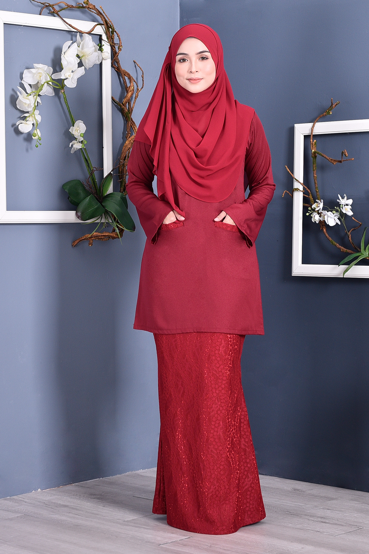 Baju Kurung Kedah Lace Gemini - Cherry Red