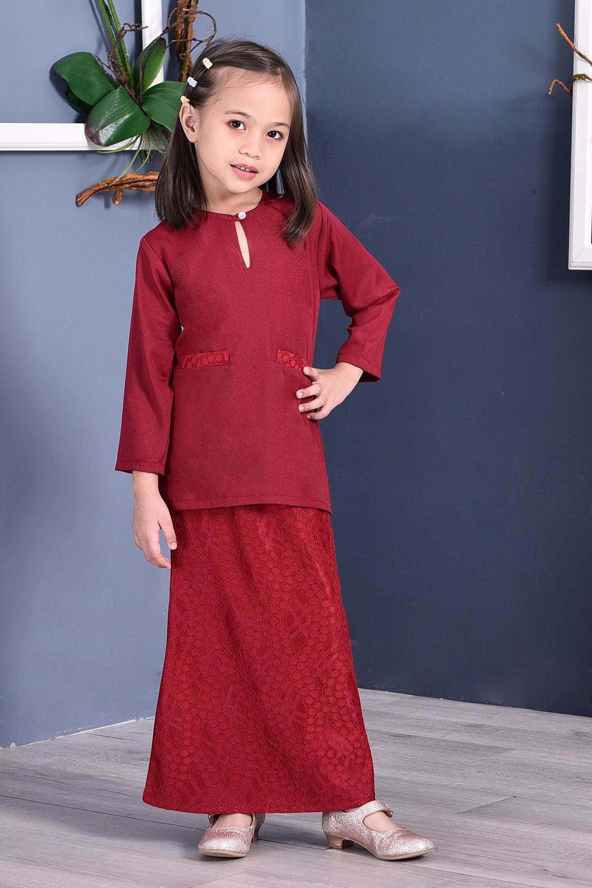 Baju Kurung Kedah Lace Gemini Kids - Cherry Red
