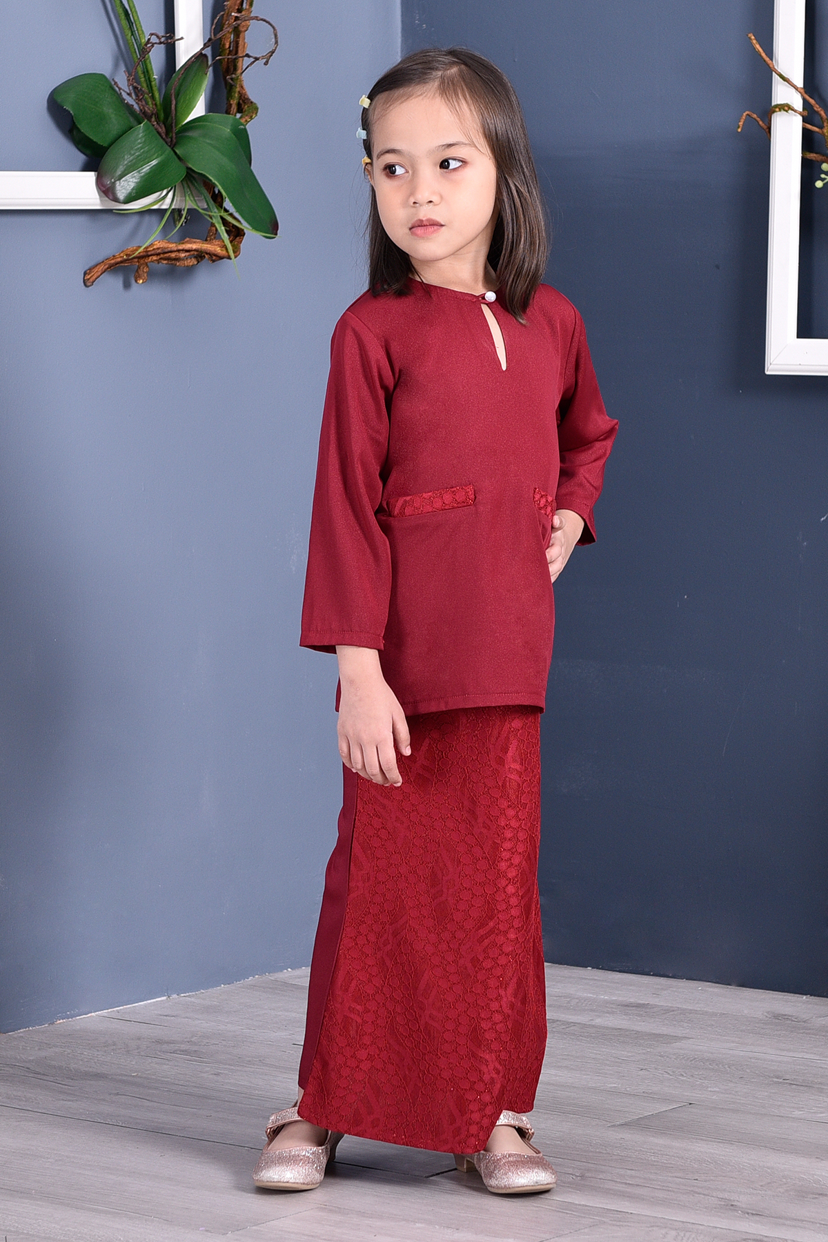 Baju Kurung Kedah Lace Gemini Kids - Cherry Red