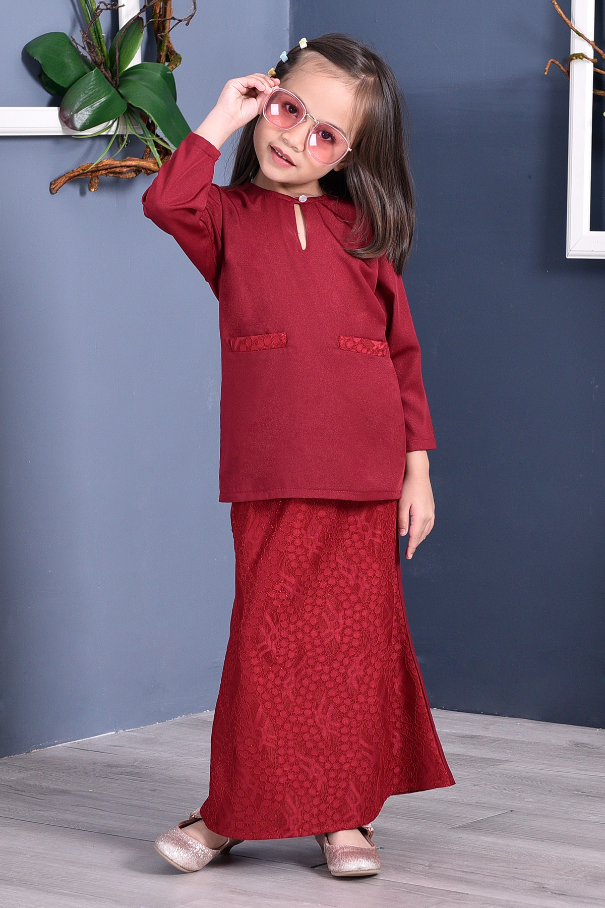 Baju Kurung Kedah Lace Gemini Kids - Cherry Red