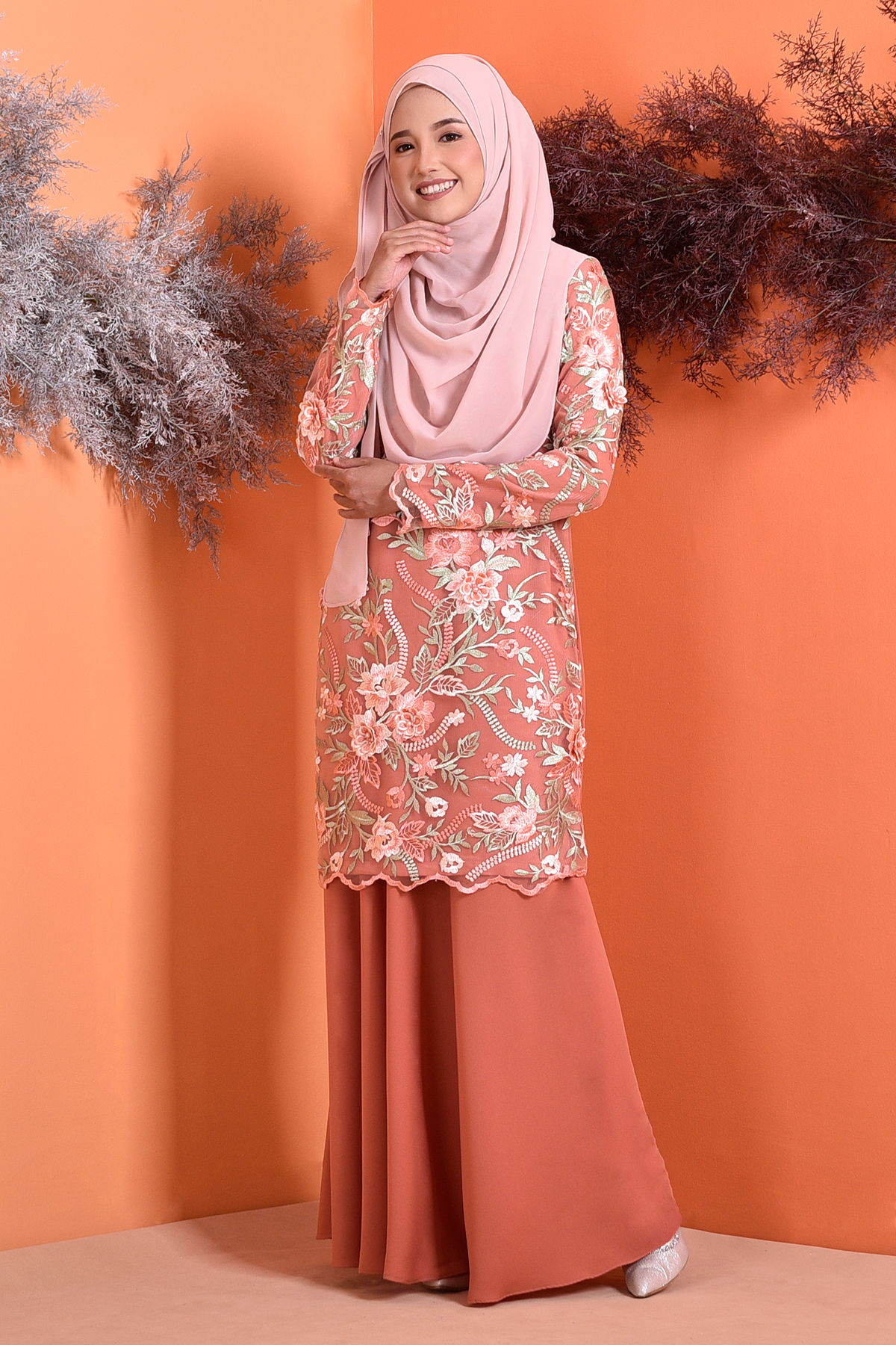 Baju Kurung Lace 3D Azura - Spring Orange