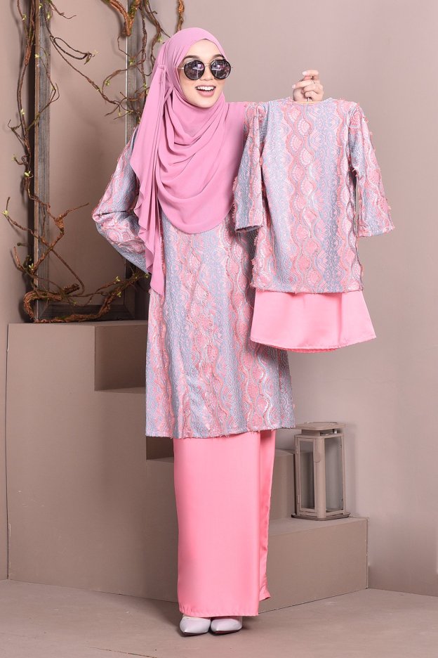 Baju Kurung Pahang Lace Gia Kids - Baby Pink