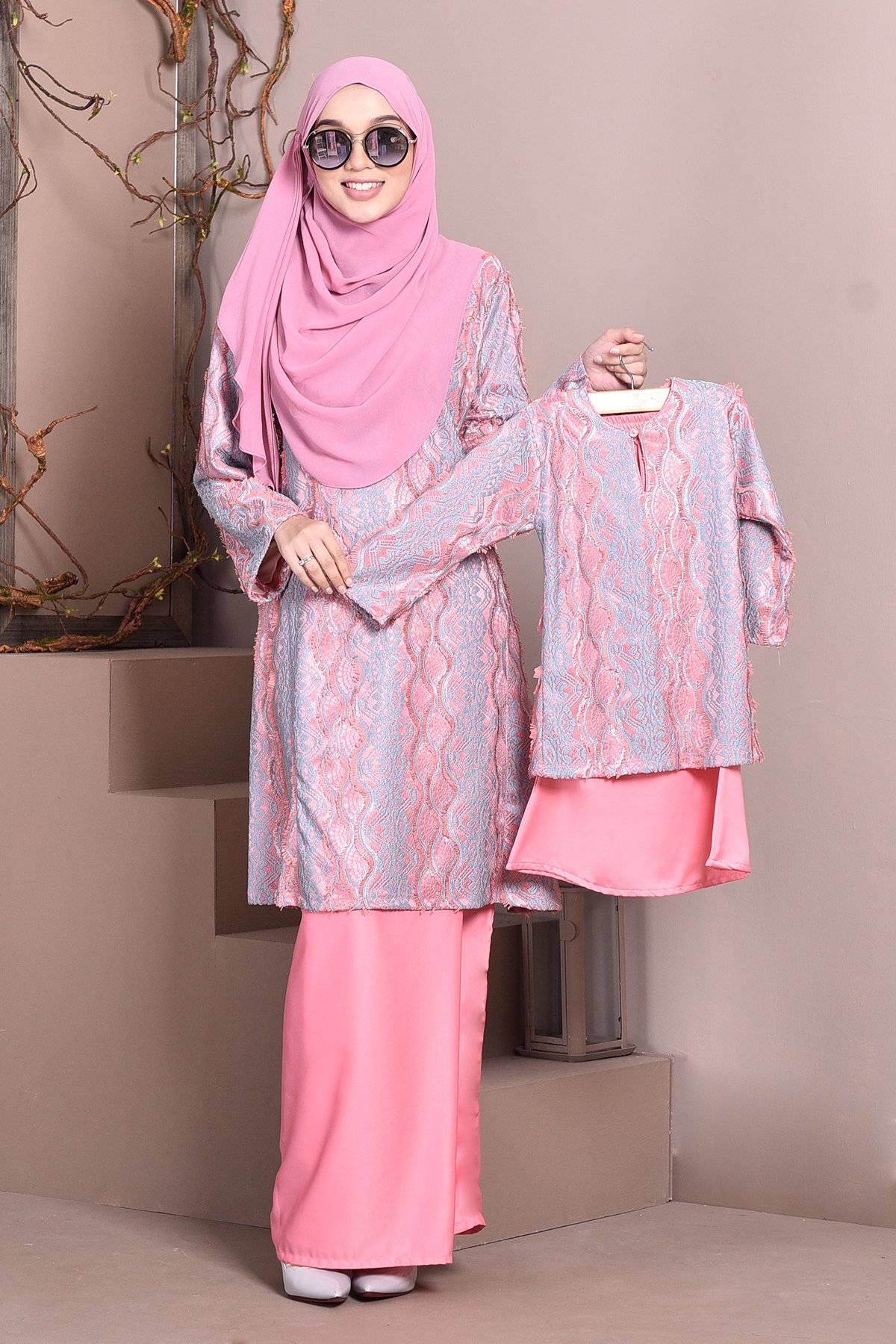 Baju Kurung Pahang Lace Gia Kids - Baby Pink