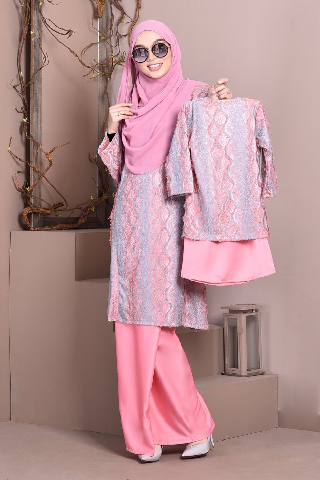 Baju Kurung Pahang Lace Gia Kids - Baby Pink