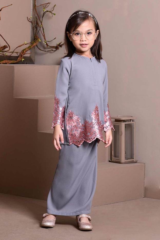 Baju Kurung Lace Royal Maya Kids - Mist Grey