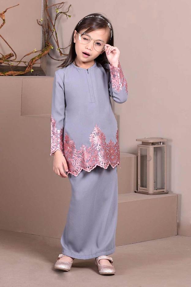 Baju Kurung Lace Royal Maya Kids - Mist Grey