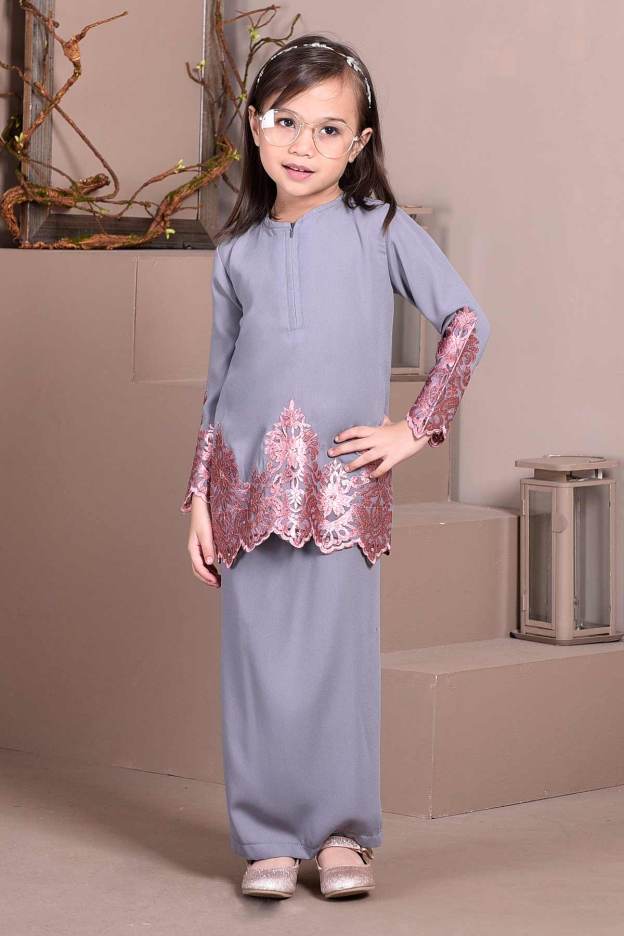 Baju Kurung Lace Royal Maya Kids - Mist Grey
