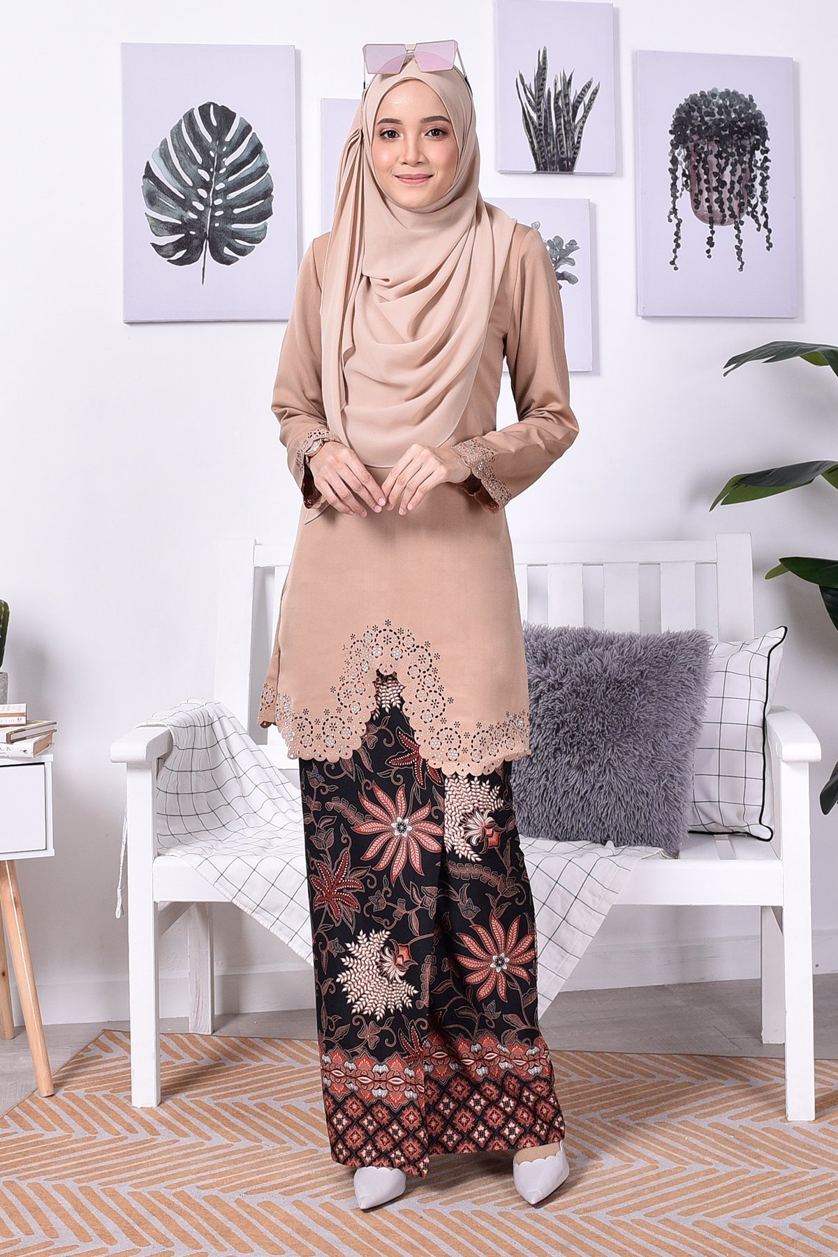Baju Kurung Batik Moden Lasercut Nasim - Milk Tea