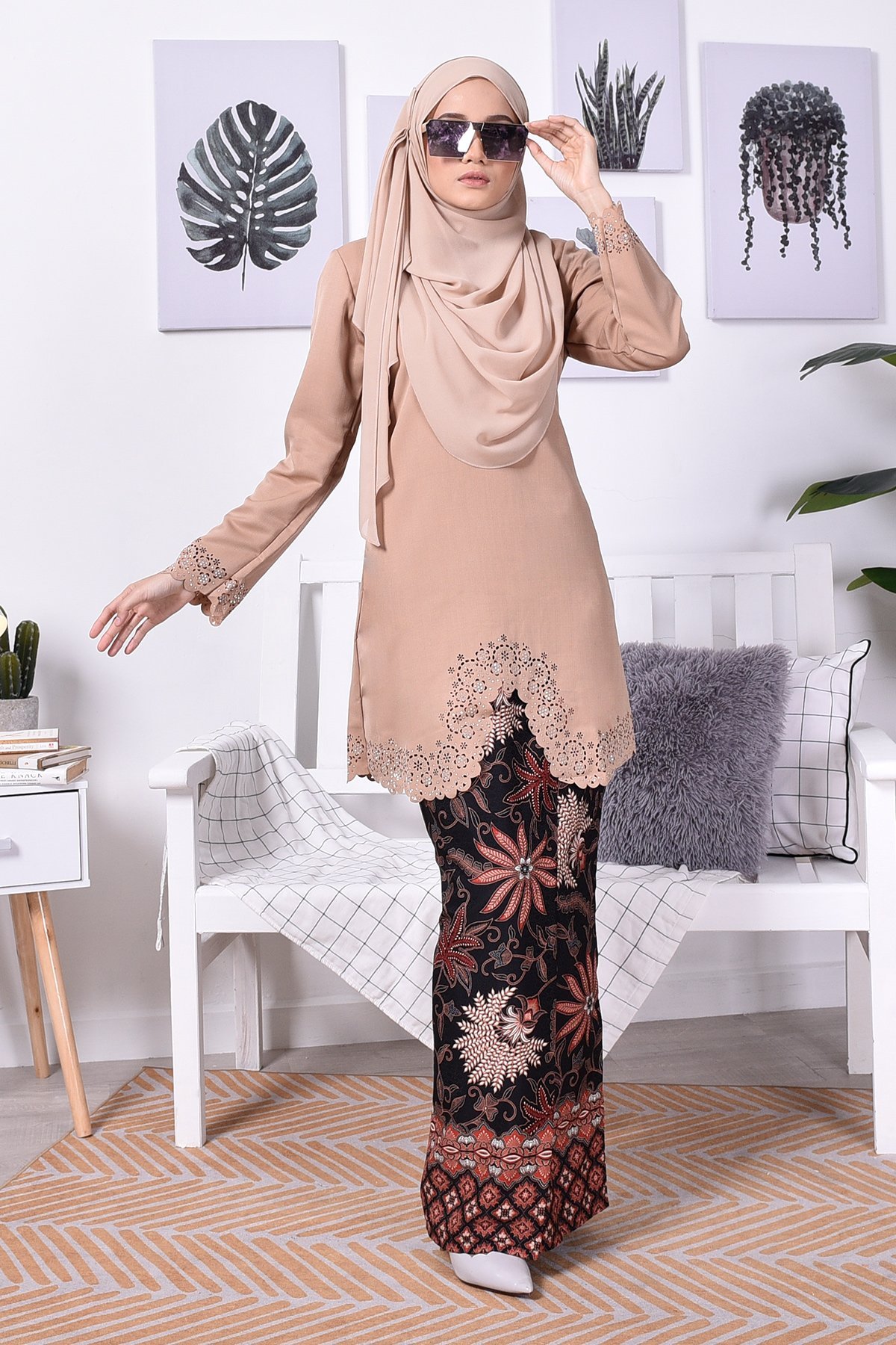 Baju Kurung Batik Moden Lasercut Nasim - Milk Tea