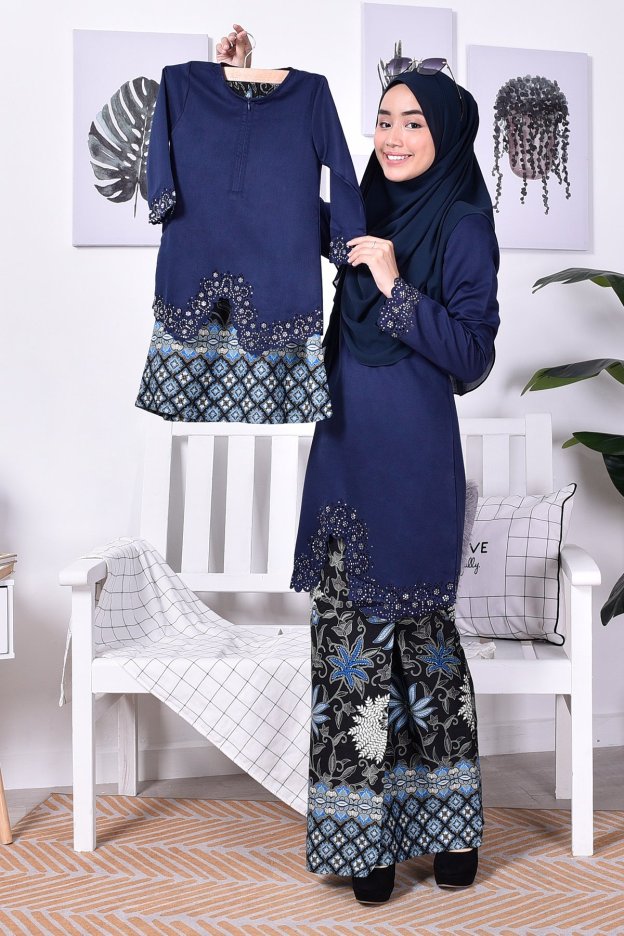 Baju Kurung Batik Moden Lasercut Nasim Kids - Navy Blue