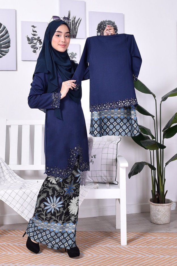 Baju Kurung Batik Moden Lasercut Nasim Kids - Navy Blue