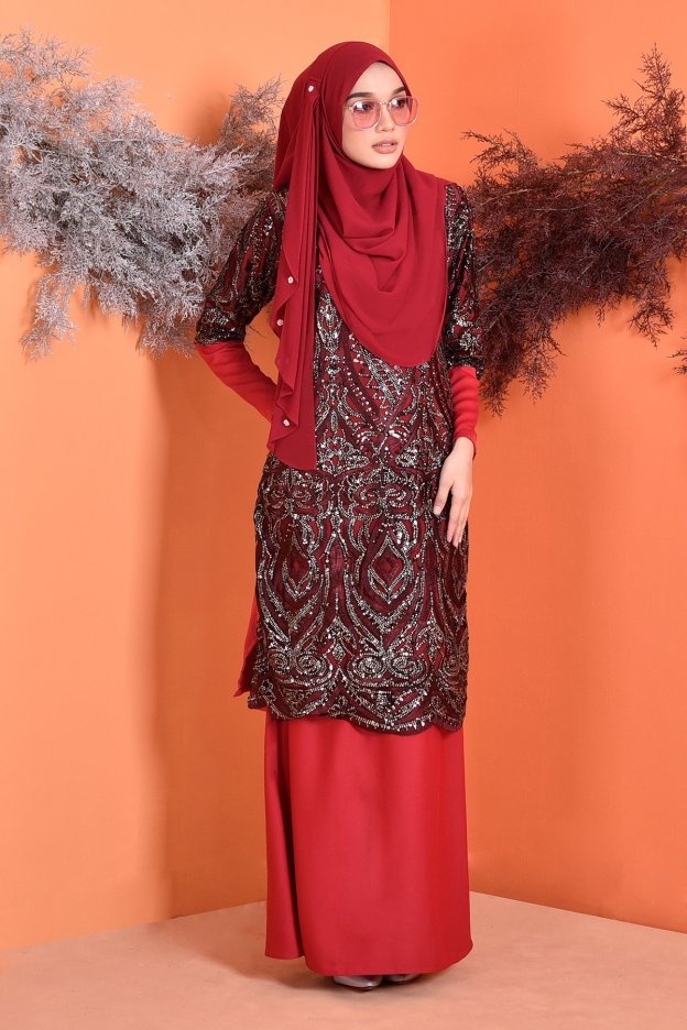 Baju Kurung Lace Sequin Jazlyn - Cherry Red