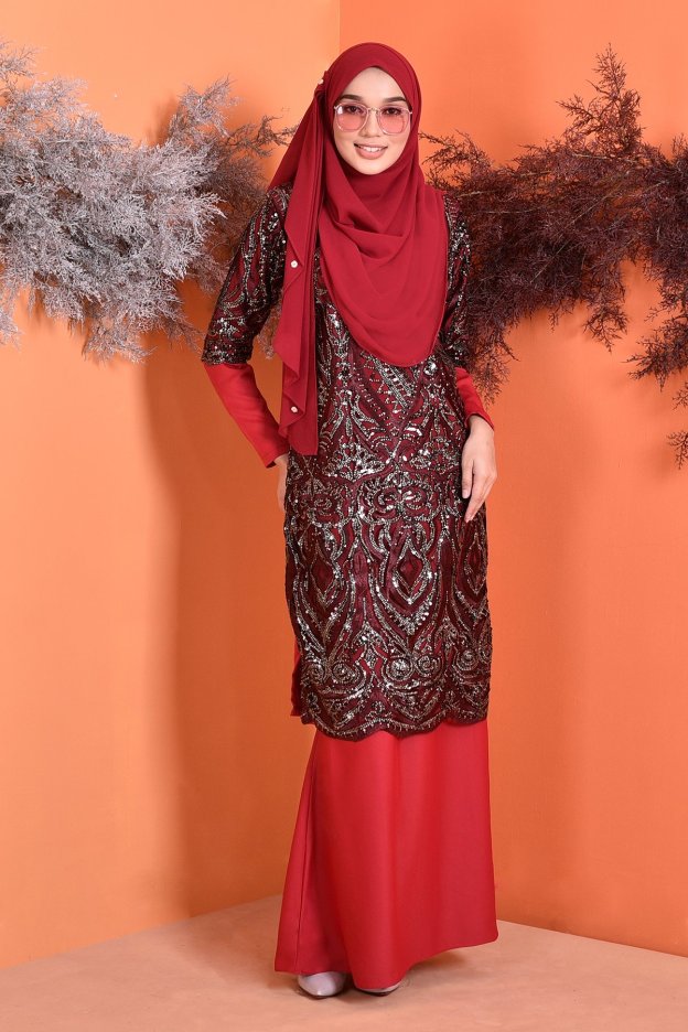 Baju Kurung Lace Sequin Jazlyn - Cherry Red