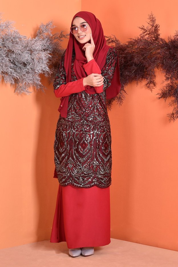 Baju Kurung Lace Sequin Jazlyn - Cherry Red
