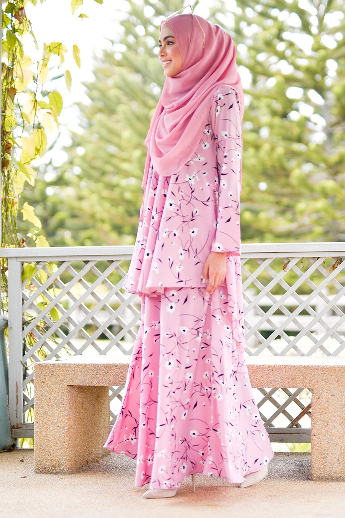 Baju Kurung Suit Hazami - Flower Pink
