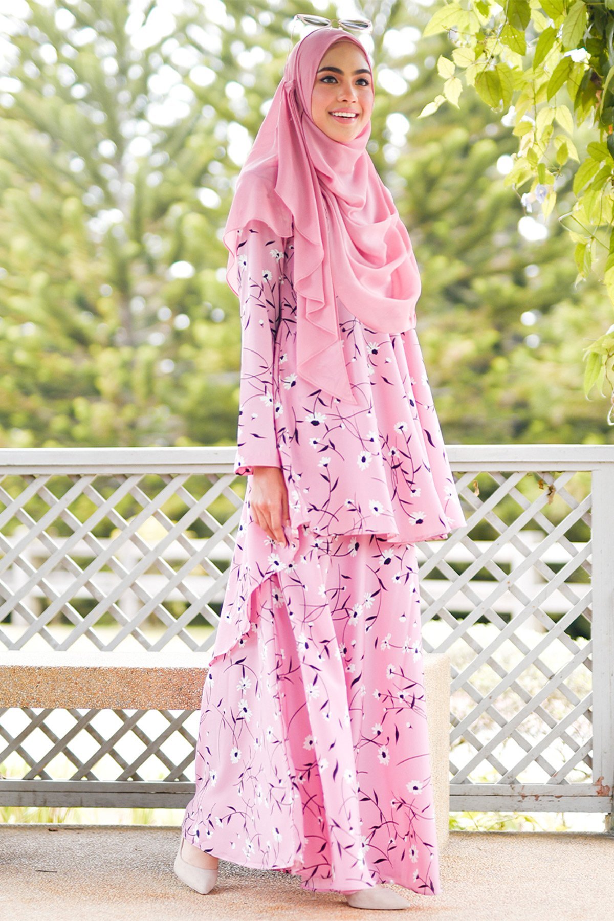 Baju Kurung Suit Hazami - Flower Pink