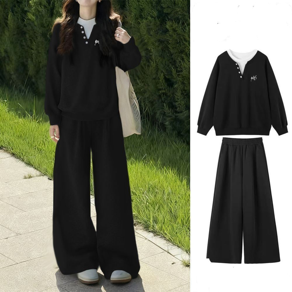 【單件/套裝】休閒加絨寬鬆假兩件衛衣+運動闊腿褲兩件套