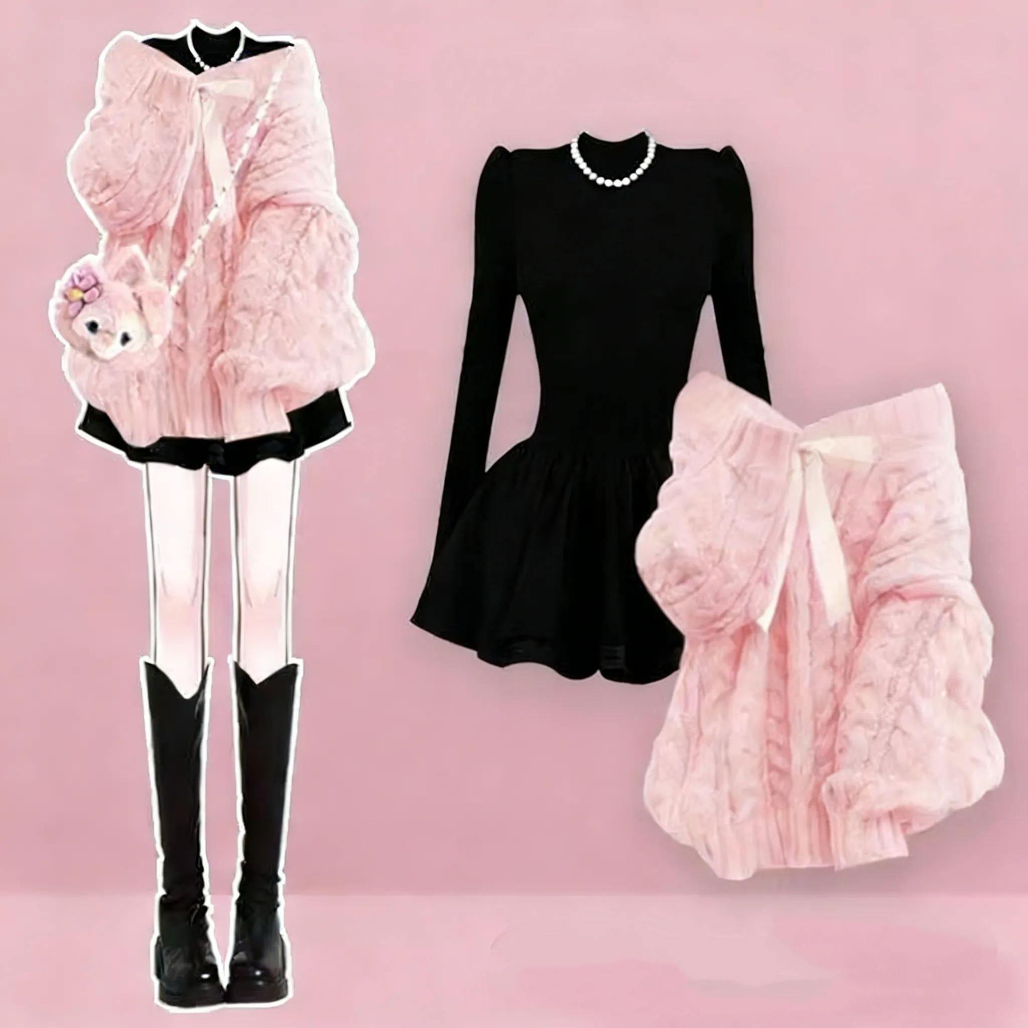 【單件/套裝】韓系極簡風針織毛衣+顯瘦減齡連身裙套裝