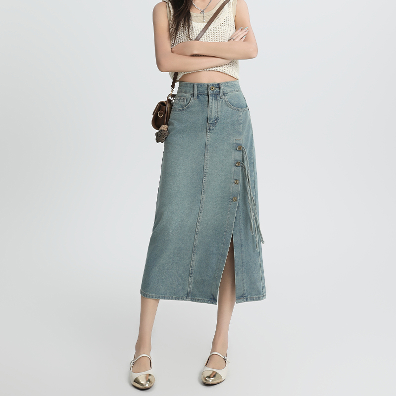 高腰側開叉流蘇設計牛仔半身裙-lululam