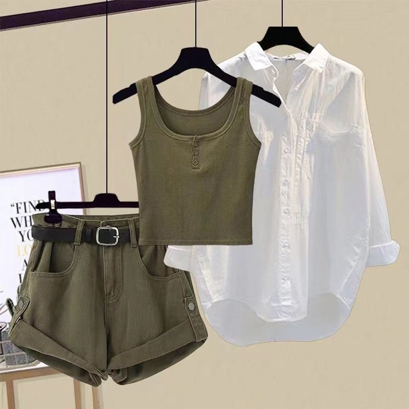 【整套/單件】洋氣吊帶防曬襯衫牛仔短褲三件套