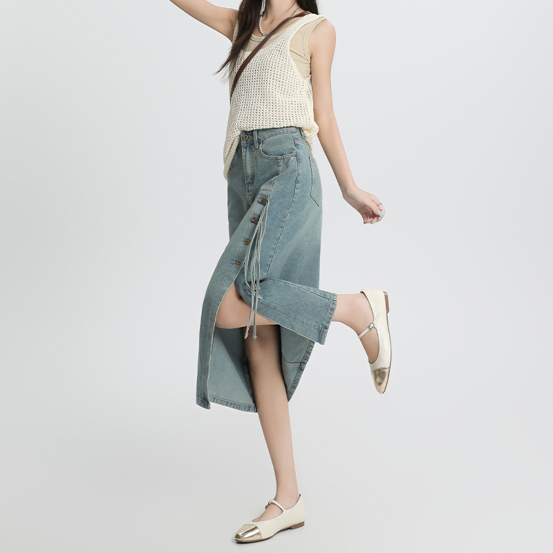 高腰側開叉流蘇設計牛仔半身裙-lululam