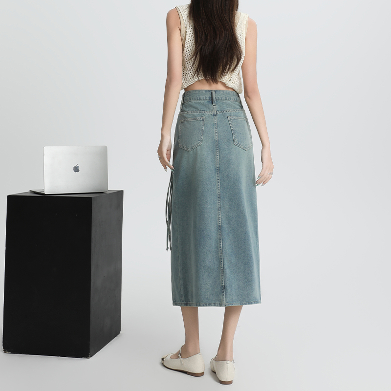 高腰側開叉流蘇設計牛仔半身裙-lululam