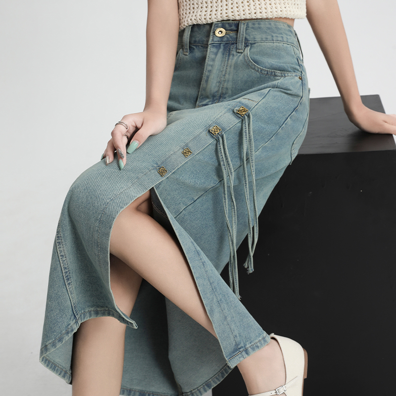 高腰側開叉流蘇設計牛仔半身裙-lululam