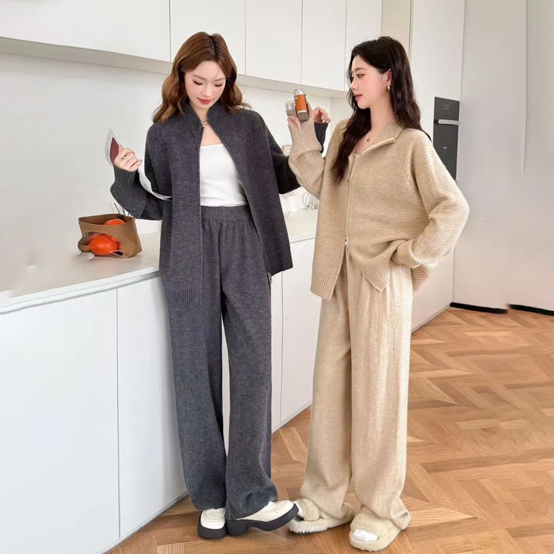 【整套】韓系拉鏈翻領針織衫+休閒闊腿褲兩件套