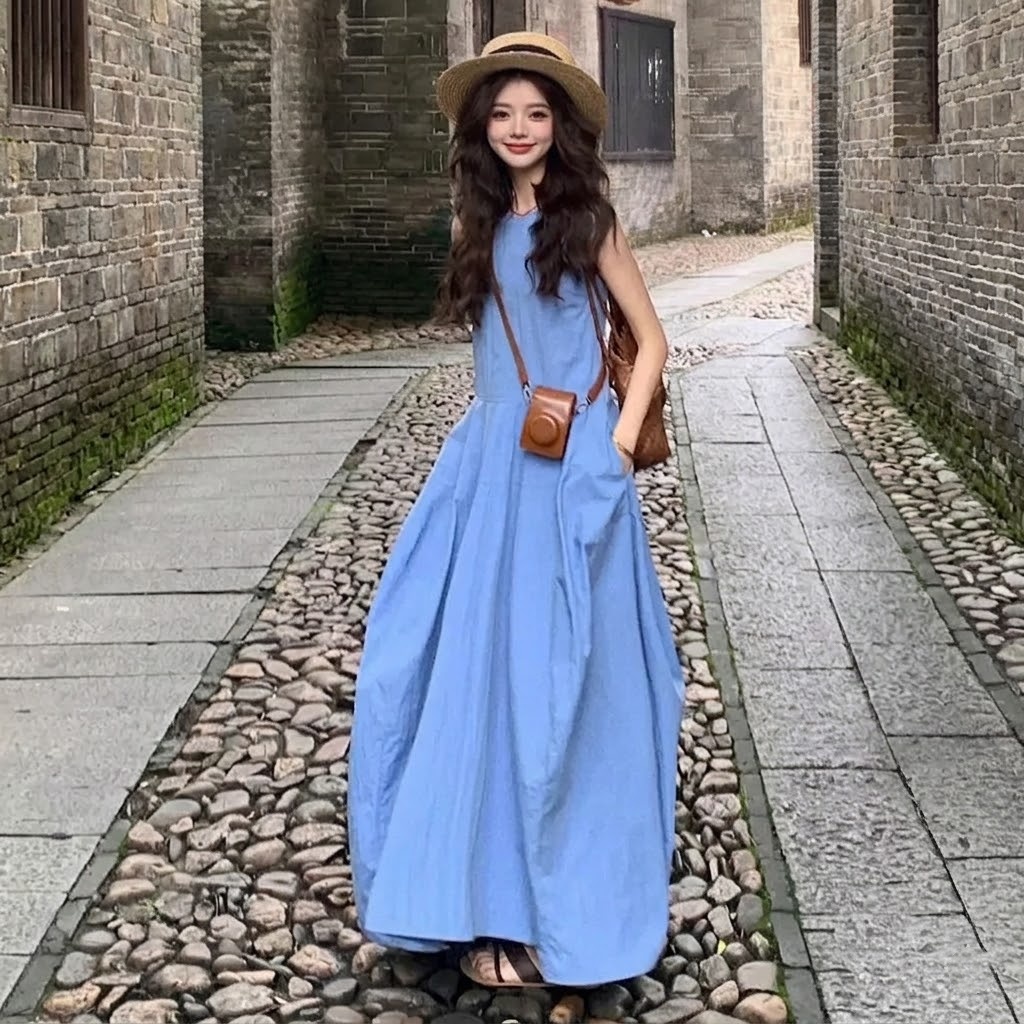 海邊度假法式氣質超好看藍色長裙無袖洋裝