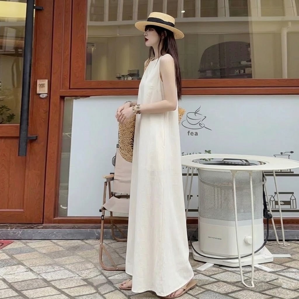 高級感甜酷風小眾A字氣質無袖超長洋裝