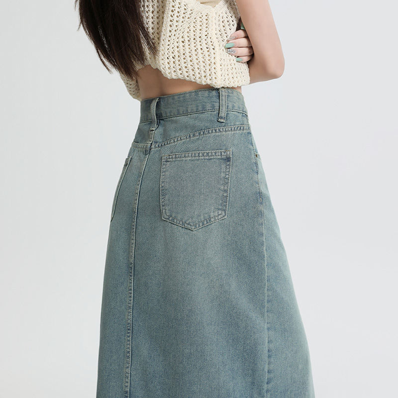 高腰側開叉流蘇設計牛仔半身裙-lululam