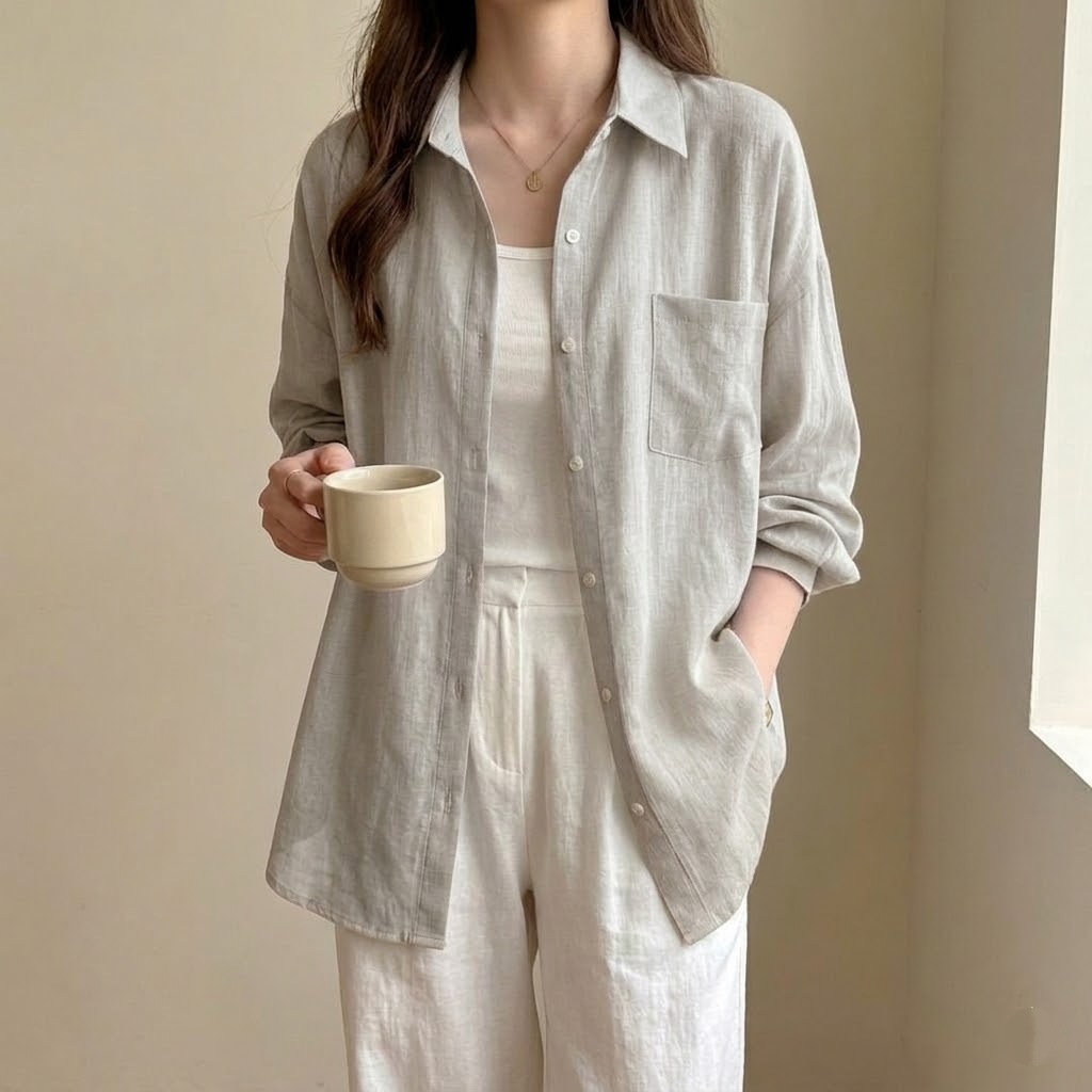 亞麻長袖薄款素色寬鬆防曬衣襯衫