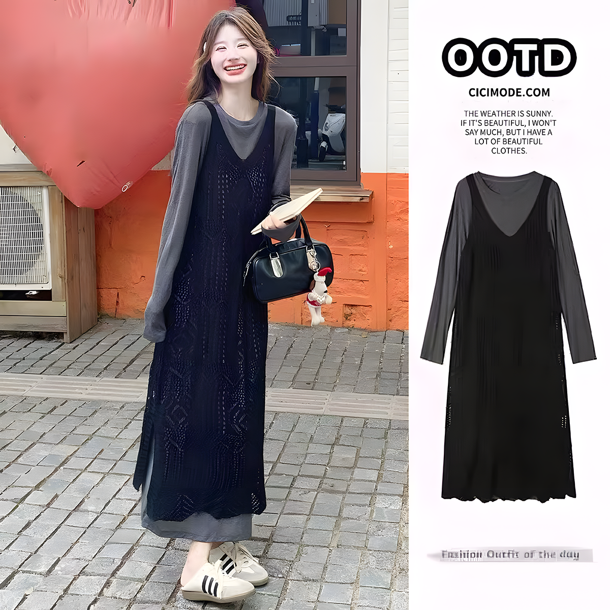 【單件/套裝】鏤空罩衫慵懶寬鬆連身裙兩件套裝-lululam