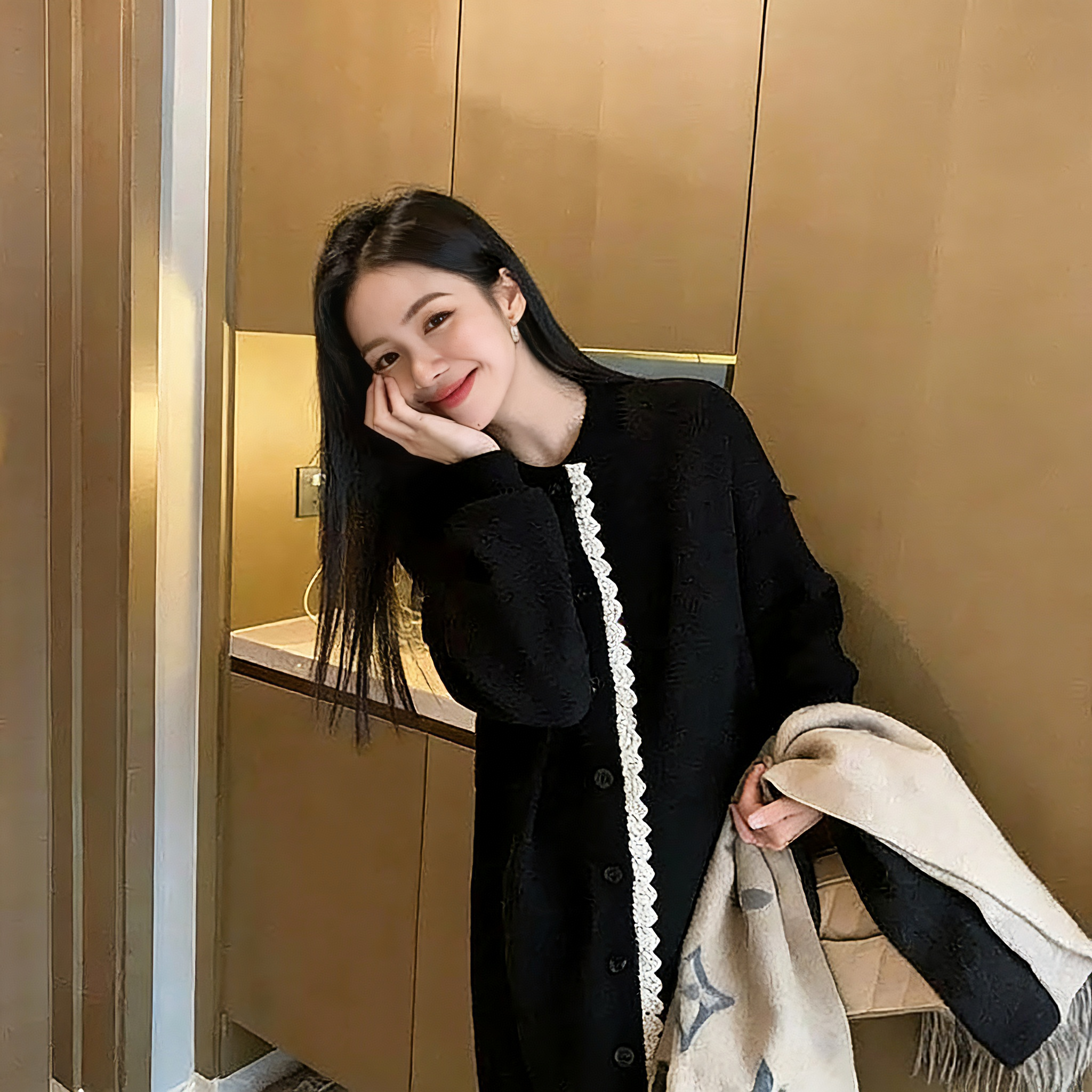 韓版慵懶寬鬆圓領針織開衫連衣裙