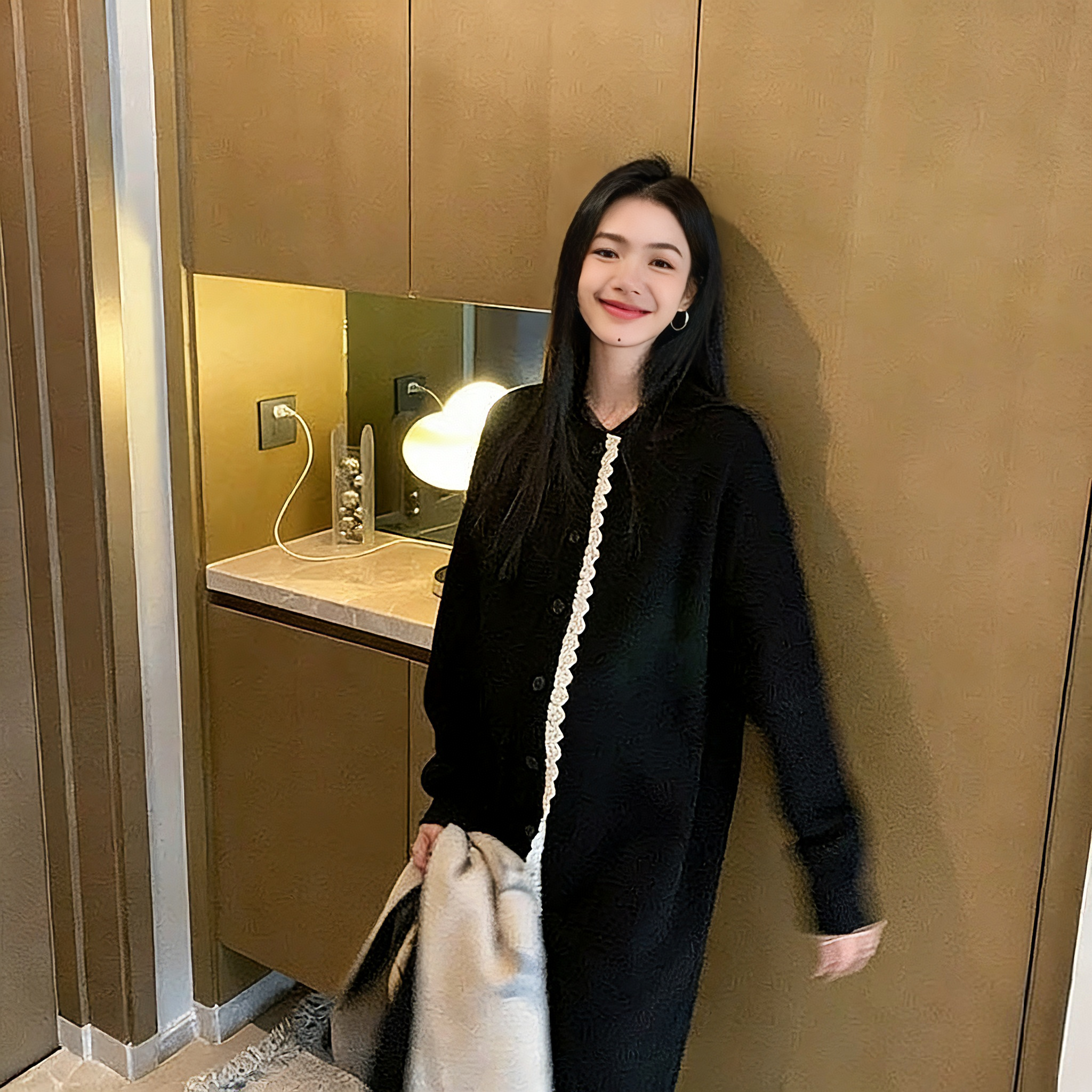 韓版慵懶寬鬆圓領針織開衫連衣裙