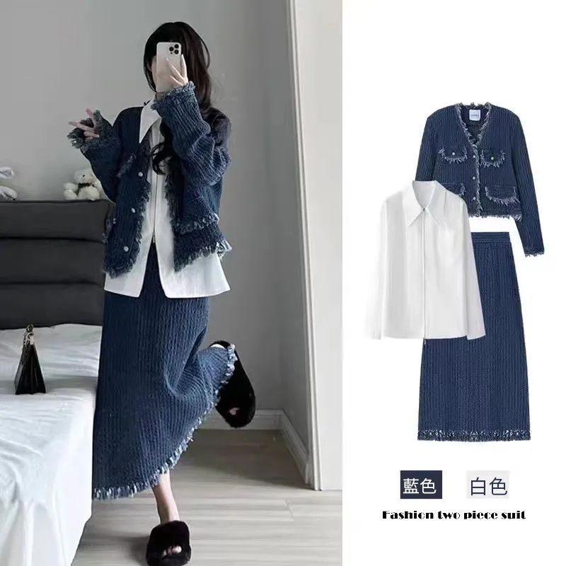 【單件/套裝】高級感毛邊小香風外套+設計感襯衫+高腰半身裙三件套裝