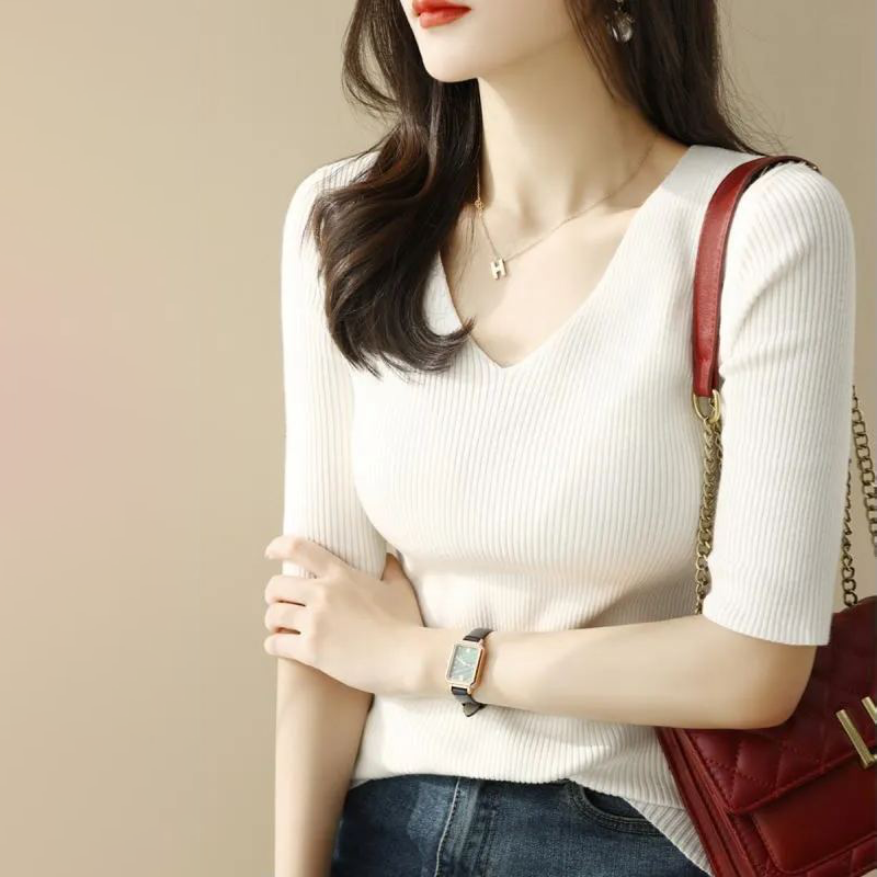 正肩V領修身針織衫五分袖T恤短袖-lululam